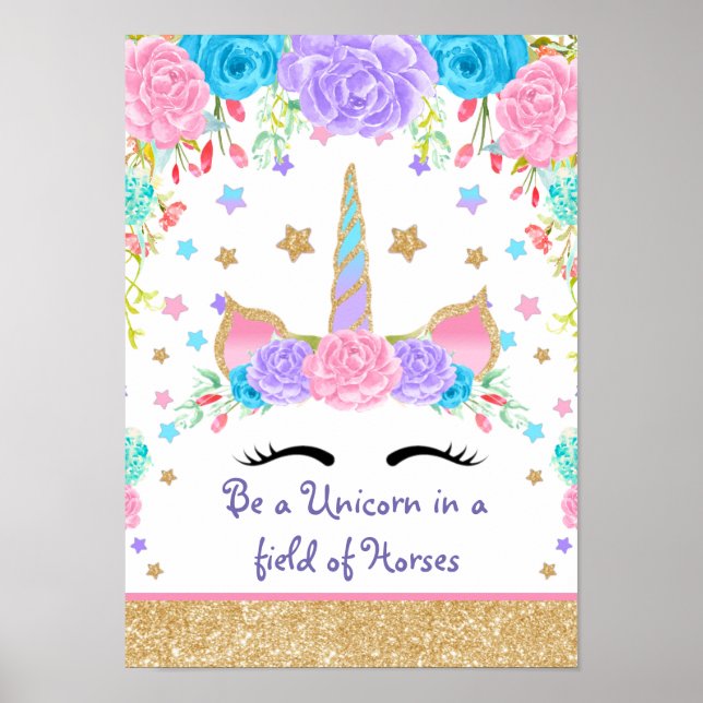 Personalized  Unicorn Watercolor flower Poster (Front)