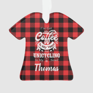 Personalized Unicycling Coffee In My Veins Plaid Ornament