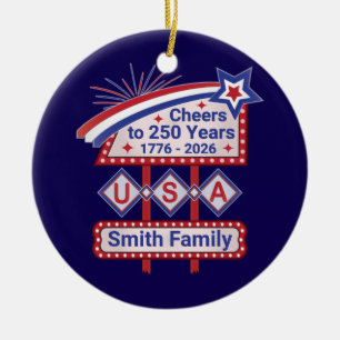 Personalized USA 250–Patriotic Retro Marquee Ceramic Tree Decoration