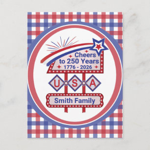 Personalized USA 250–Patriotic Retro Marquee Holiday Postcard
