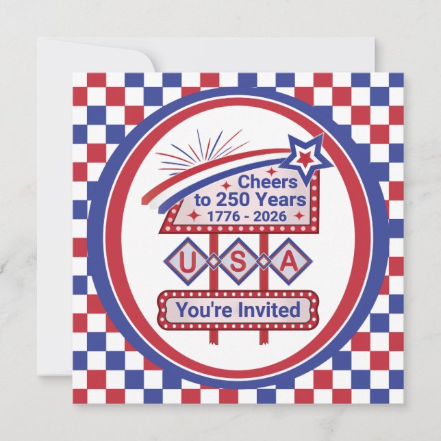 Personalized USA 250–Patriotic Retro Marquee Invitation (Front)