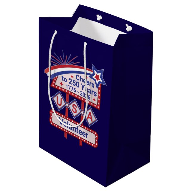 Personalized USA 250–Patriotic Retro Marquee Medium Gift Bag (Back Angled)
