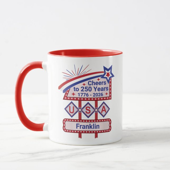 Personalized USA 250–Patriotic Retro Marquee Mug (Left)