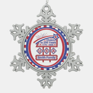Personalized USA 250–Patriotic Retro Marquee Snowflake Pewter Christmas Ornament