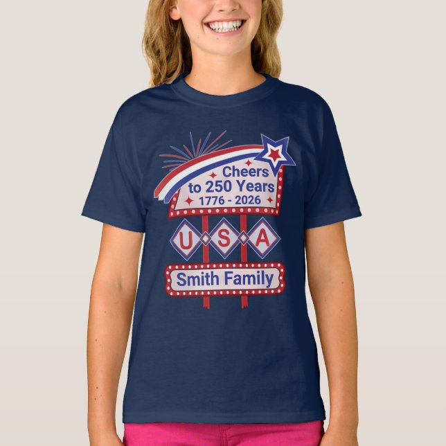 Personalized USA 250–Patriotic Retro Marquee T-Shirt (Front)