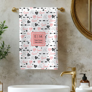 Personalized Valentine Bath Towel Pink Black Heart