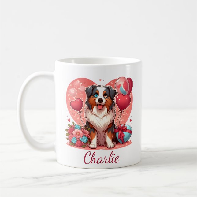 Personalized Valentine’s Day Australian Shepherd  Coffee Mug (Left)
