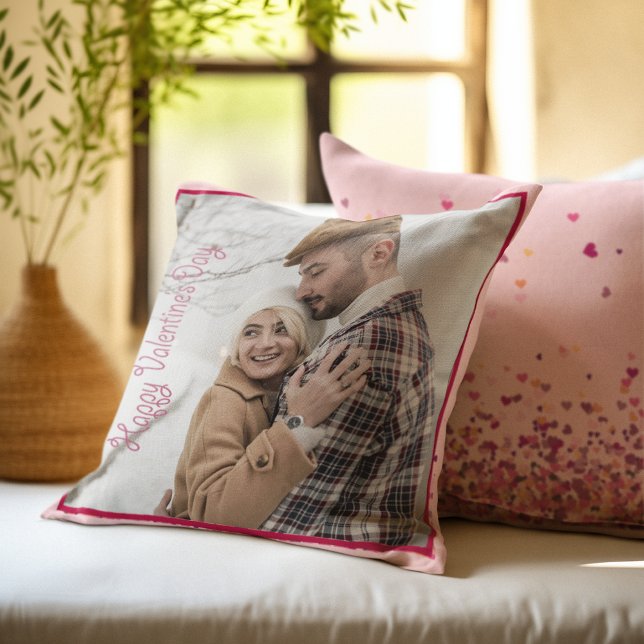 Personalized Valentine’s Day Photo with Pink Heart Cushion (Valentine Day Personalized Photo Pink Hearts Cushion)