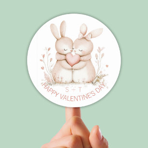 Personalized Valentine's Day Cute Bunny Couple Classic Round Sticker