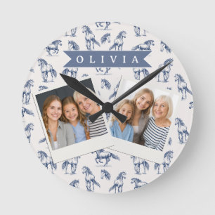 Personalized Vintage Blue Horse Classic Country Round Clock