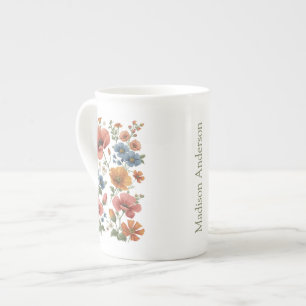 Personalized Vintage Botanical Poppies Bone China Mug