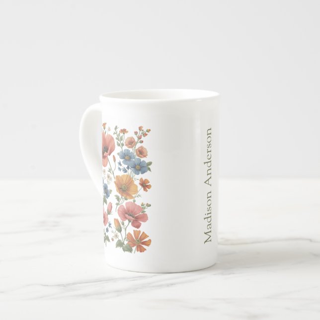 Personalized Vintage Botanical Poppies Bone China Mug (Front Left)