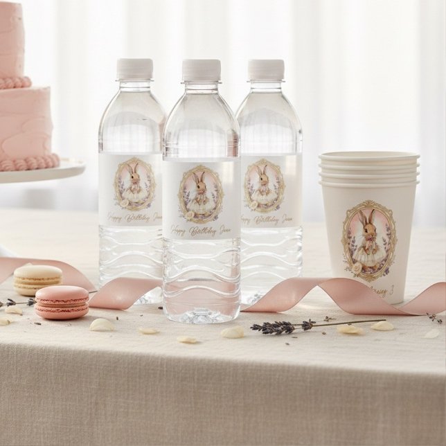 Personalized Vintage Bunny Birthday Water Bottle Label (Creator Uploaded)