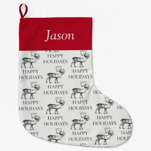Personalized Vintage Christmas Deer Happy Holidays Large Christmas Stocking