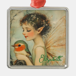 Personalized Vintage Christmas Fairy with Robin Metal Tree Decoration