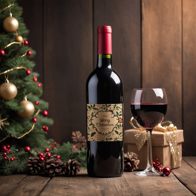 Personalized Vintage Christmas Wine Label (Personalised Christmas Wine Lable on a wooden stuface with a Christmas tree in the background)
