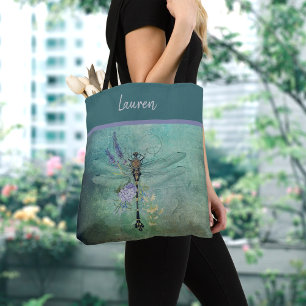Personalized Vintage Dragonfly with Flowers Tote B Bag