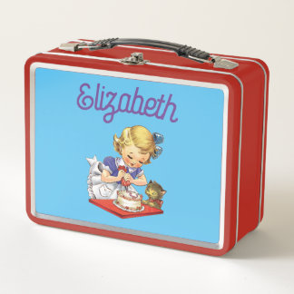 Personalized vintage girl baking a cake metal lunch box