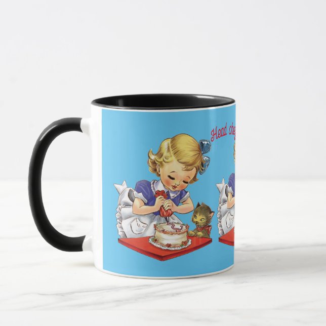 Personalized vintage girl baking a cake  mug (Left)