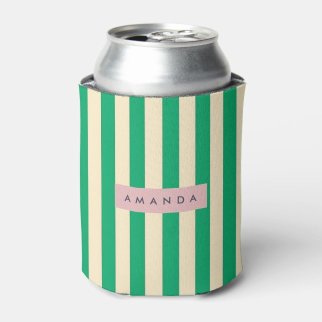 Personalized Vintage Green and Cream Stripe Can Cooler (Can Front)