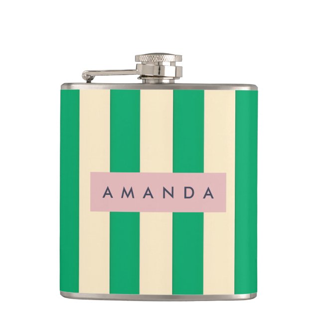 Personalized Vintage Green and Cream Stripe Hip Flask (Front)