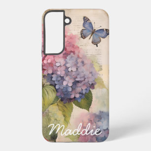 Personalized Vintage Hydrangea and Butterfly Blue Samsung Galaxy Case