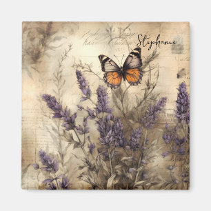 Personalized Vintage Lavender Butterfly Art Magnet