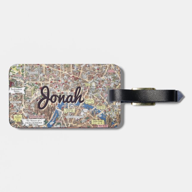 Personalized vintage London map kids luggage tag (Back Horizontal)
