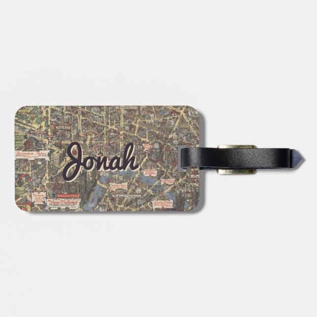 Personalized vintage London map luggage tag (Back Horizontal)