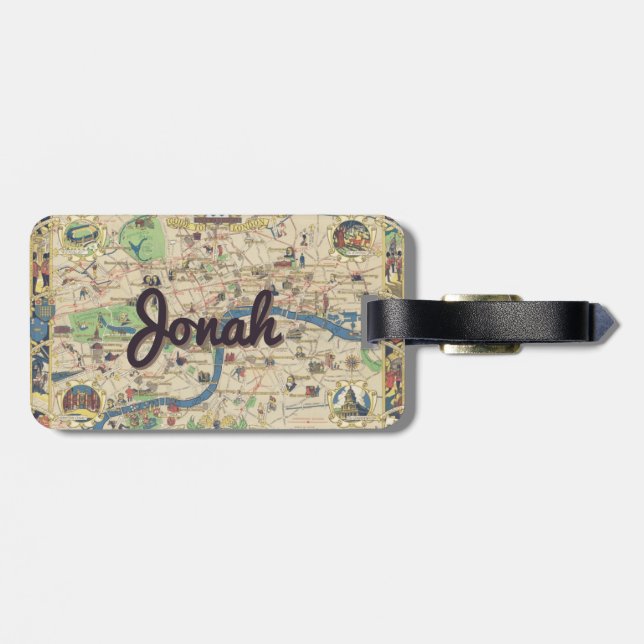 Personalized vintage London map luggage tag (Back Horizontal)