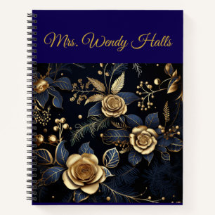Personalized Vintage Navy Blue and Gold Christmas Notebook