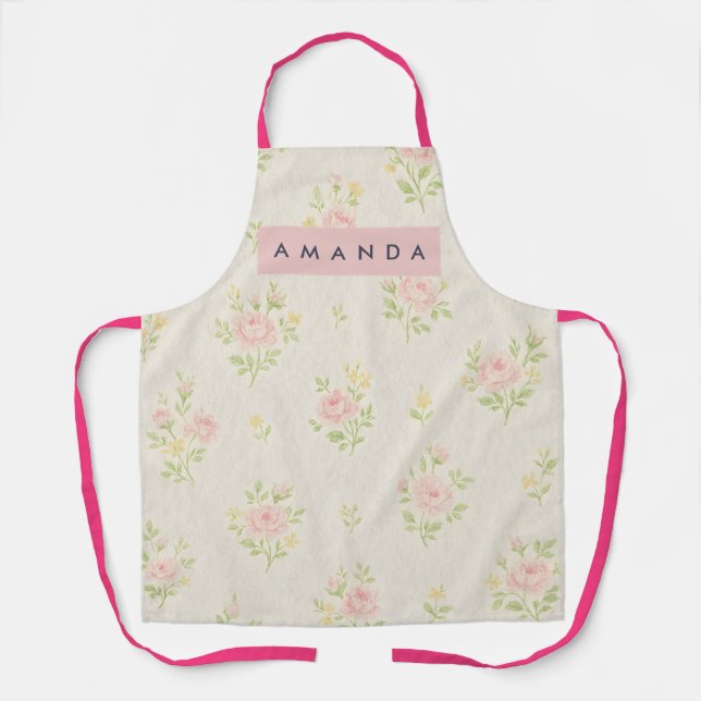 Personalized Vintage Pink Rose Flower Apron (Front)