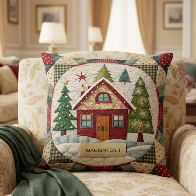 Personalized Vintage Retro Christmas Cushion (cozy hygge Christmas throw pillow with quilt styling and custom family name, perfect gift for mom)