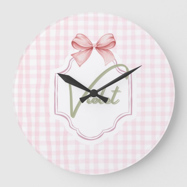 Personalized Violet Baby Girl Nursery Bow&Gingham  Large Clock (Front)