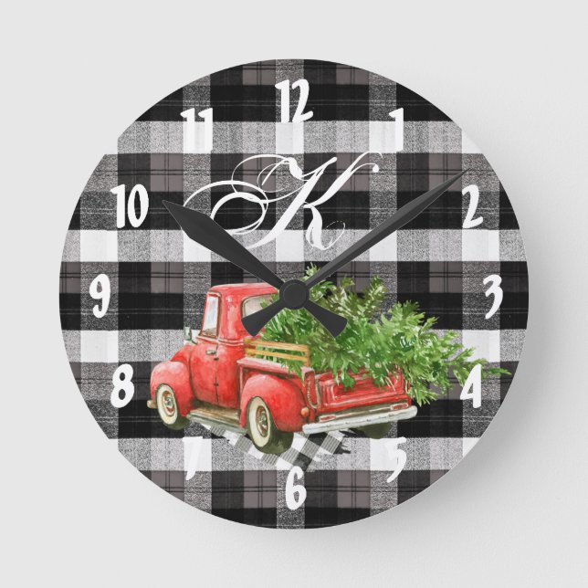 Personalized Wall Clock XMAS Truck Baffalo Plaid B (Front)