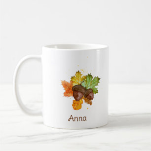 Personalized Watercolor Autumn Leaves and Acorn Coffee Mug