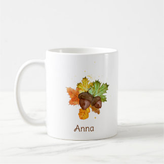 Personalized Watercolor Autumn Leaves and Acorn Coffee Mug