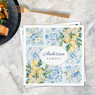 Personalized Watercolor Blue Italian Tile Lemon Napkin