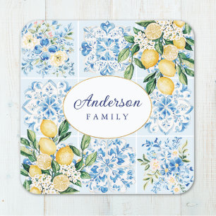 Personalized Watercolor Blue Italian Tile Lemon Square Paper Coaster