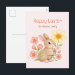 Personalized Watercolor Bunny Happy Easter  Holiday Postcard<br><div class="desc">Celebrate Easter with this adorable watercolor bunny design! Featuring a sweet bunny surrounded by pink and yellow flowers on a soft pink background, this design brings a touch of springtime to your holiday greetings. Easily personalize it with your family name. Perfect for Easter celebrations, spring events, or simply spreading joy....</div>