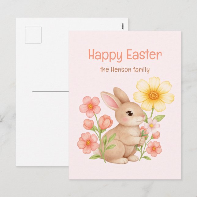 Personalized Watercolor Bunny Happy Easter  Holiday Postcard (Front/Back)