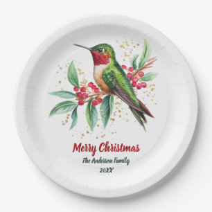 Personalized Watercolor Christmas Hummingbird Paper Plate