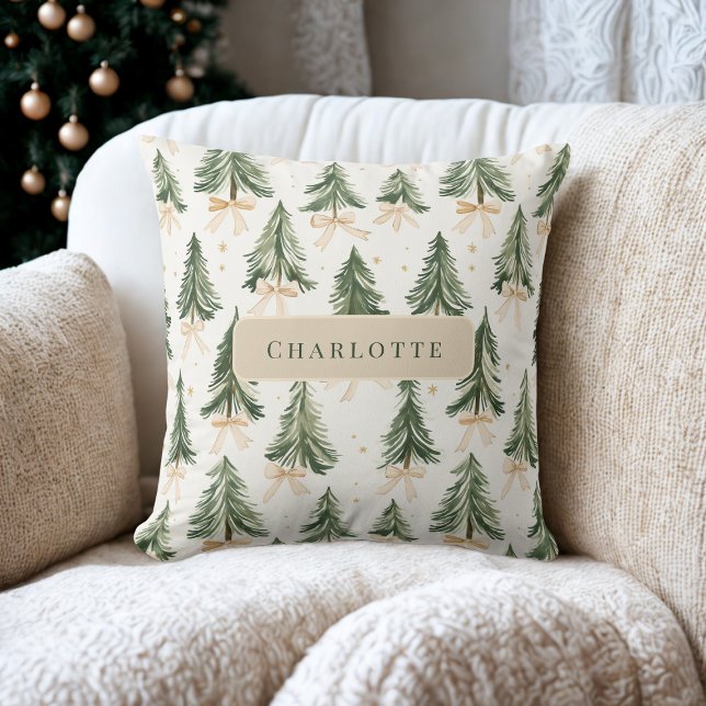 Personalized Watercolor Christmas Tree Name  Cushion (Creator Uploaded)