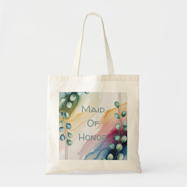 Personalized Watercolor Eucalyptus Maid of Honor Tote Bag (Front)