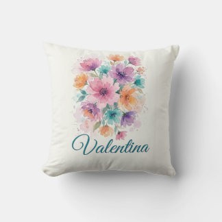 Personalized Watercolor Floral Bouquet Name Throw Cushion