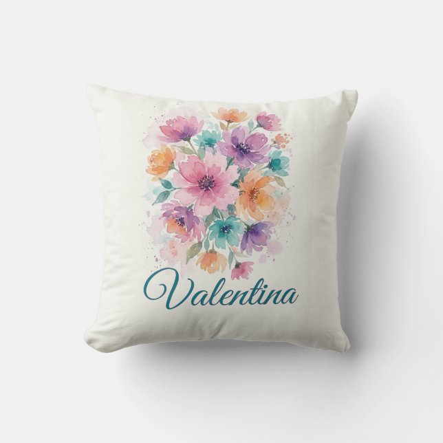 Personalized Watercolor Floral Bouquet Name Throw  Cushion (Front)