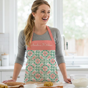 Personalized Watercolor Floral Coral Pink Green Apron
