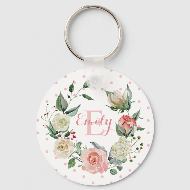 Personalized Watercolor Floral Monogram Pink Rose Key Ring (Front)