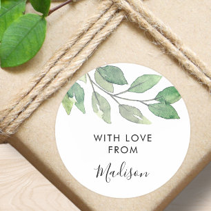 Personalized Watercolor Greenery Classic Round Sticker