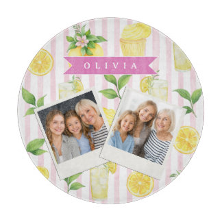 Personalized Watercolor Lemonade Cupcake Stripe Cutting Board